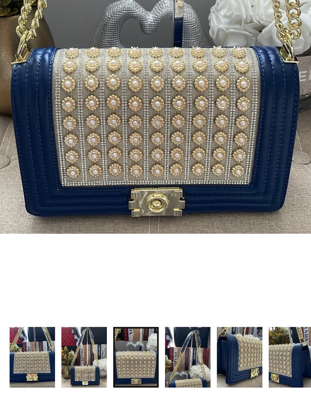 ✨Glitzy Gold & Pearl Embellished Navy and Gold Chain Shoulder Bag✨NWT
